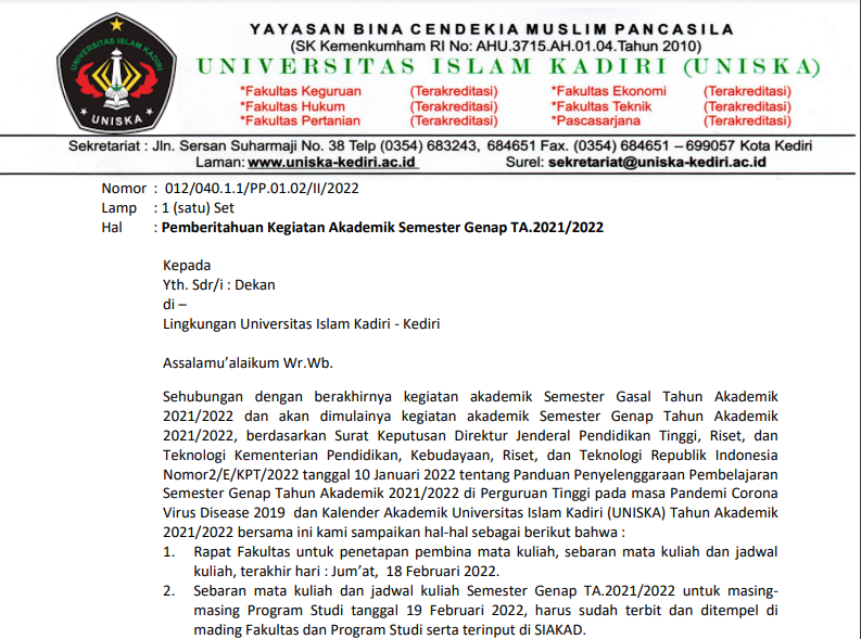 Pemberitahuan Kegiatan Akademik Semester Genap TA.2021/2022