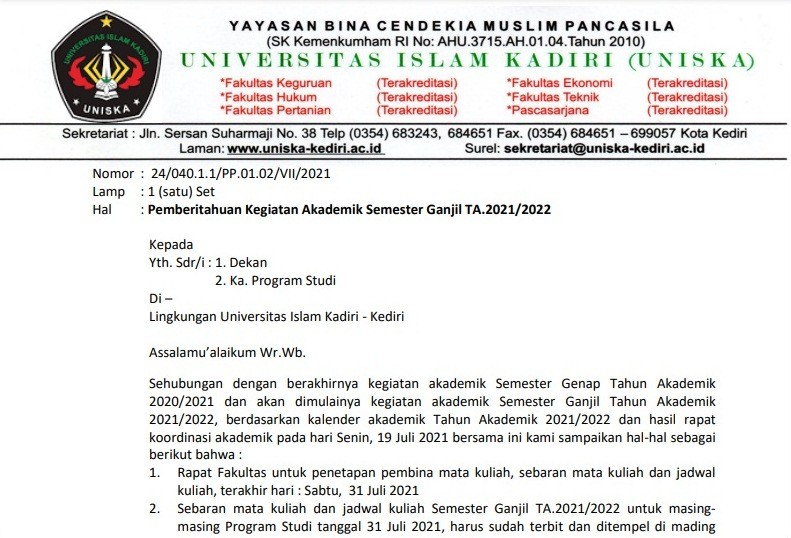 Pemberitahuan Kegiatan Akademik Semester Ganjil TA.2021/2022